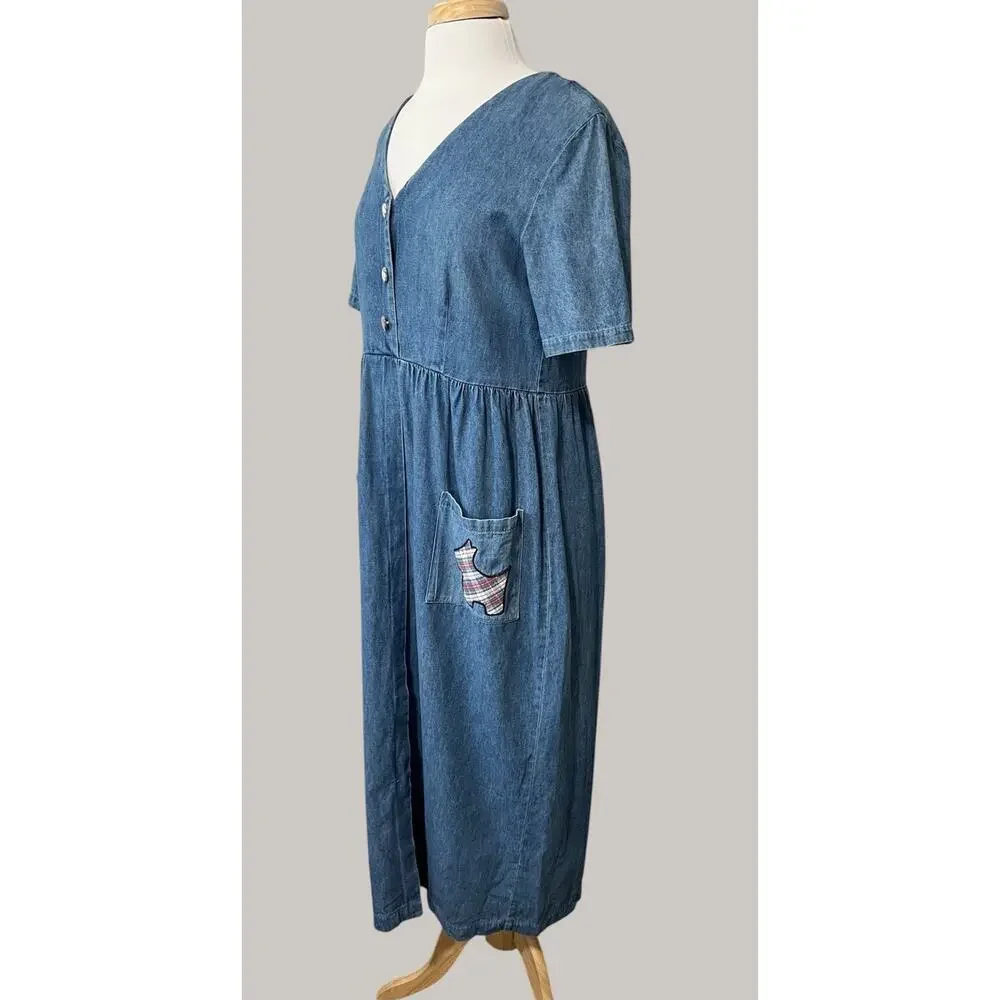 Vintage 90s Denim Maxi Dress Scottish Terrier Patch Prairie W/ Pockets Sz 8